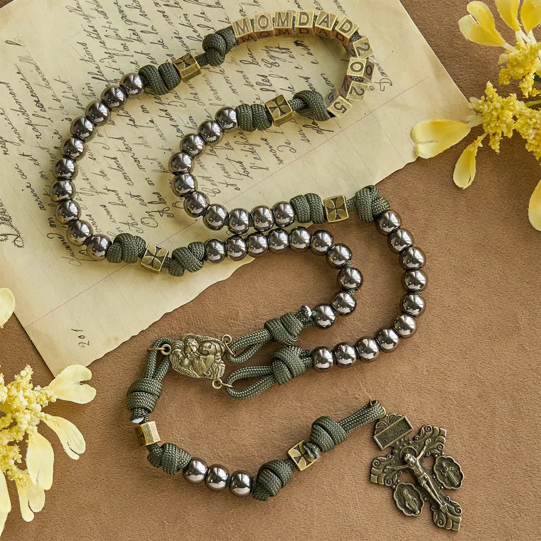 Military - Paracord w stylu wojskowym, niestandardowy różaniec: koraliki w kolorze srebrnym i mosiężny JESUS