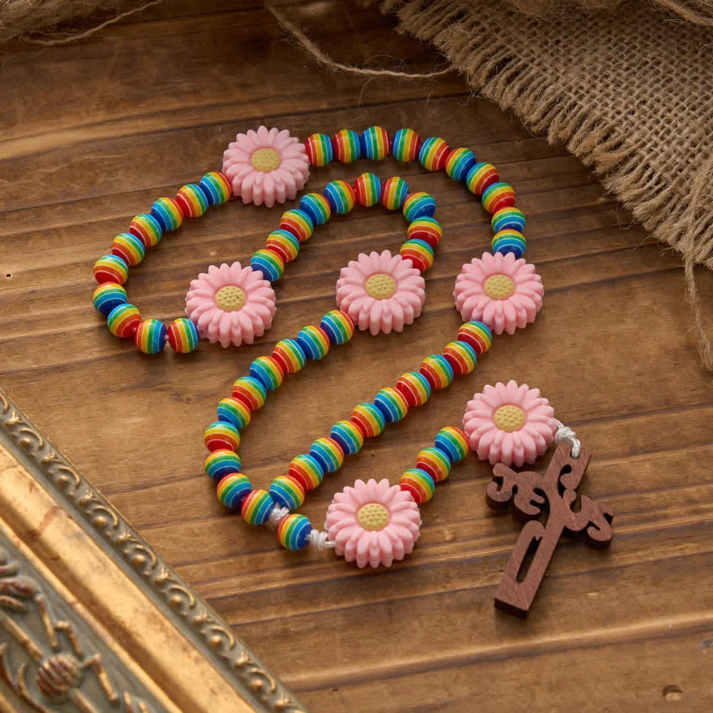 Rainbow Candy Stripe Bead z różowymi stokrotkami i krzyżem Jezusa