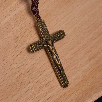 Różaniec z motywem Matki Boskiej z Guadalupe i krucyfiksem z zielonego agatu, okrągły, 10 mm, z nylonowego sznurka