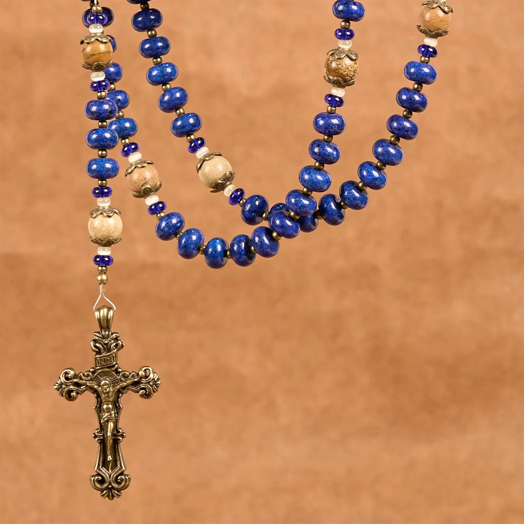 Ręcznie robiony medalion i krucyfiks św. Teresy z Lisieux, 8*10 mm, oblat, różaniec z lapis lazuli i kamienia mapy