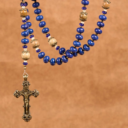 Ręcznie robiony medalion i krucyfiks św. Teresy z Lisieux, 8*10 mm, oblat, różaniec z lapis lazuli i kamienia mapy