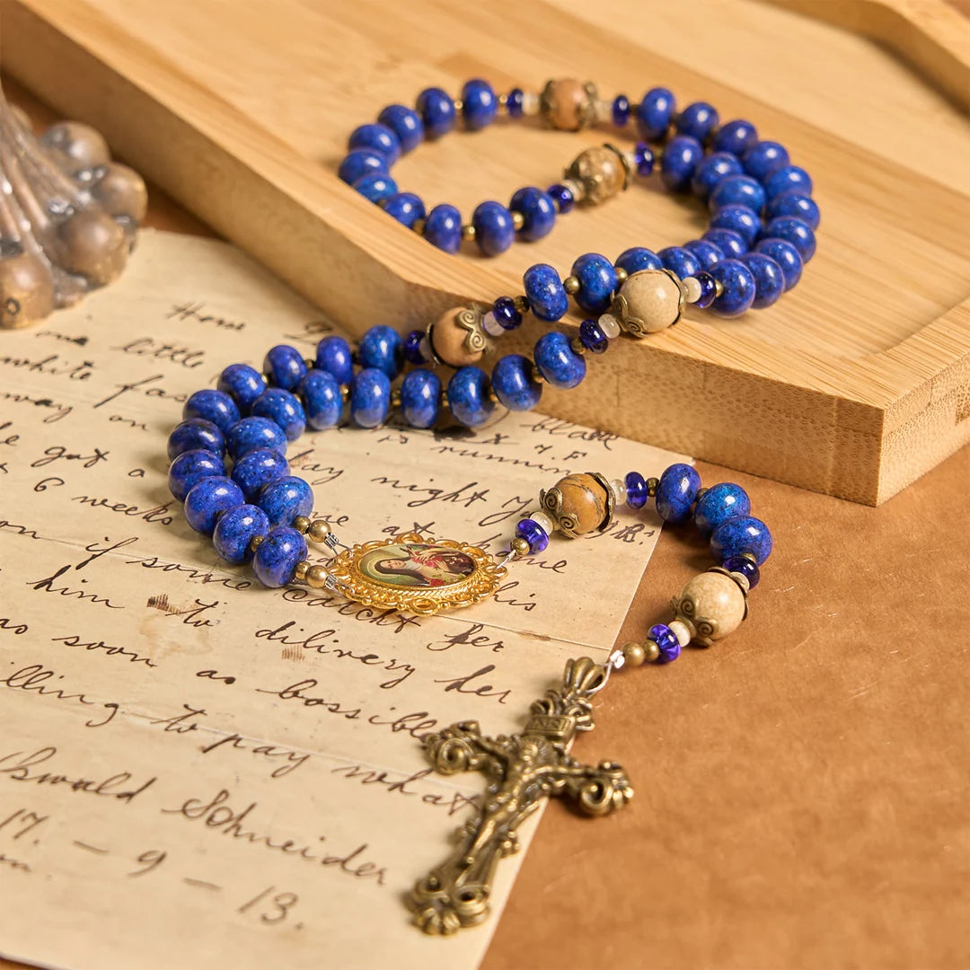 Ręcznie robiony medalion i krucyfiks św. Teresy z Lisieux, 8*10 mm, oblat, różaniec z lapis lazuli i kamienia mapy