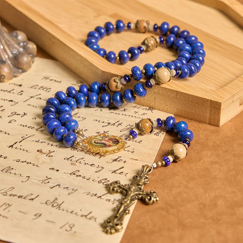 Ręcznie robiony medalion i krucyfiks św. Teresy z Lisieux, 8*10 mm, oblat, różaniec z lapis lazuli i kamienia mapy