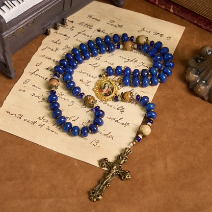 Ręcznie robiony medalion i krucyfiks św. Teresy z Lisieux, 8*10 mm, oblat, różaniec z lapis lazuli i kamienia mapy