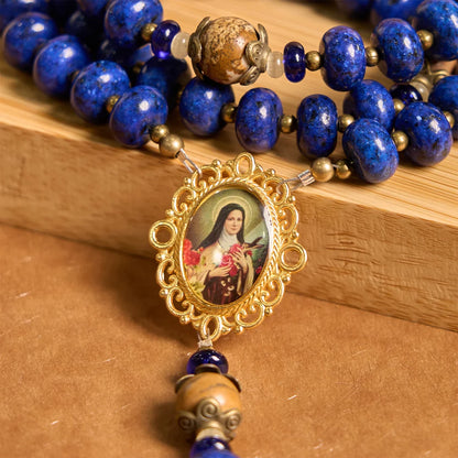 Ręcznie robiony medalion i krucyfiks św. Teresy z Lisieux, 8*10 mm, oblat, różaniec z lapis lazuli i kamienia mapy