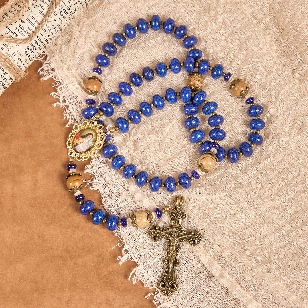 Ręcznie robiony medalion i krucyfiks św. Teresy z Lisieux, 8*10 mm, oblat, różaniec z lapis lazuli i kamienia mapy