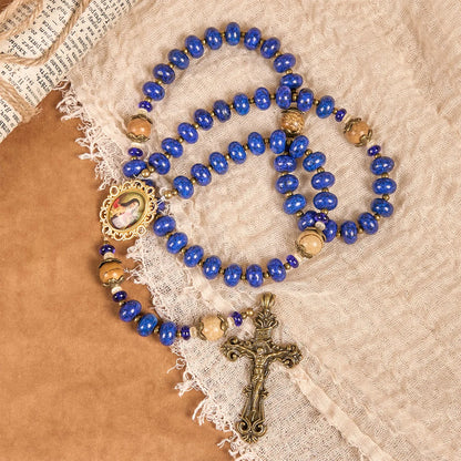 Ręcznie robiony medalion i krucyfiks św. Teresy z Lisieux, 8*10 mm, oblat, różaniec z lapis lazuli i kamienia mapy