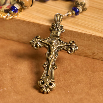 Ręcznie robiony medalion i krucyfiks św. Teresy z Lisieux, 8*10 mm, oblat, różaniec z lapis lazuli i kamienia mapy
