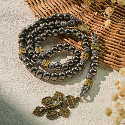Cudowny Medalik i Krucyfiks z Okrągłego Srebra 8 mm z Czarnym Kamieniami Żółciowymi, Różaniec z Nylonowego Sznurka