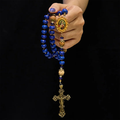 Ręcznie robiony medalion i krucyfiks św. Teresy z Lisieux, 8*10 mm, oblat, różaniec z lapis lazuli i kamienia mapy