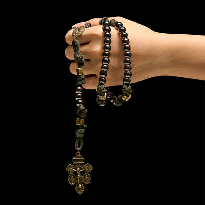 Military - Paracord w stylu wojskowym, niestandardowy różaniec: koraliki w kolorze srebrnym i mosiężny JESUS