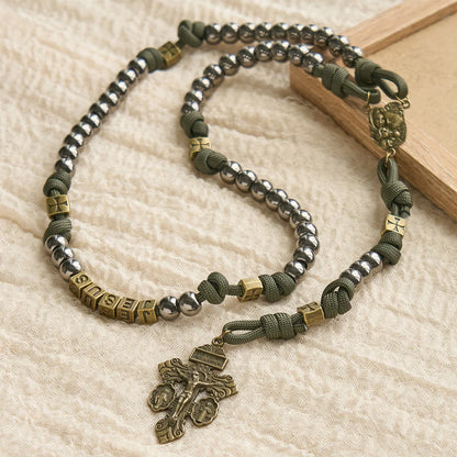 Military - Paracord w stylu wojskowym, niestandardowy różaniec: koraliki w kolorze srebrnym i mosiężny JESUS