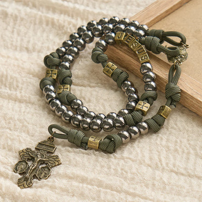 Military - Paracord w stylu wojskowym, niestandardowy różaniec: koraliki w kolorze srebrnym i mosiężny JESUS