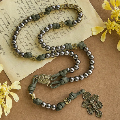 Military - Paracord w stylu wojskowym, niestandardowy różaniec: koraliki w kolorze srebrnym i mosiężny JESUS