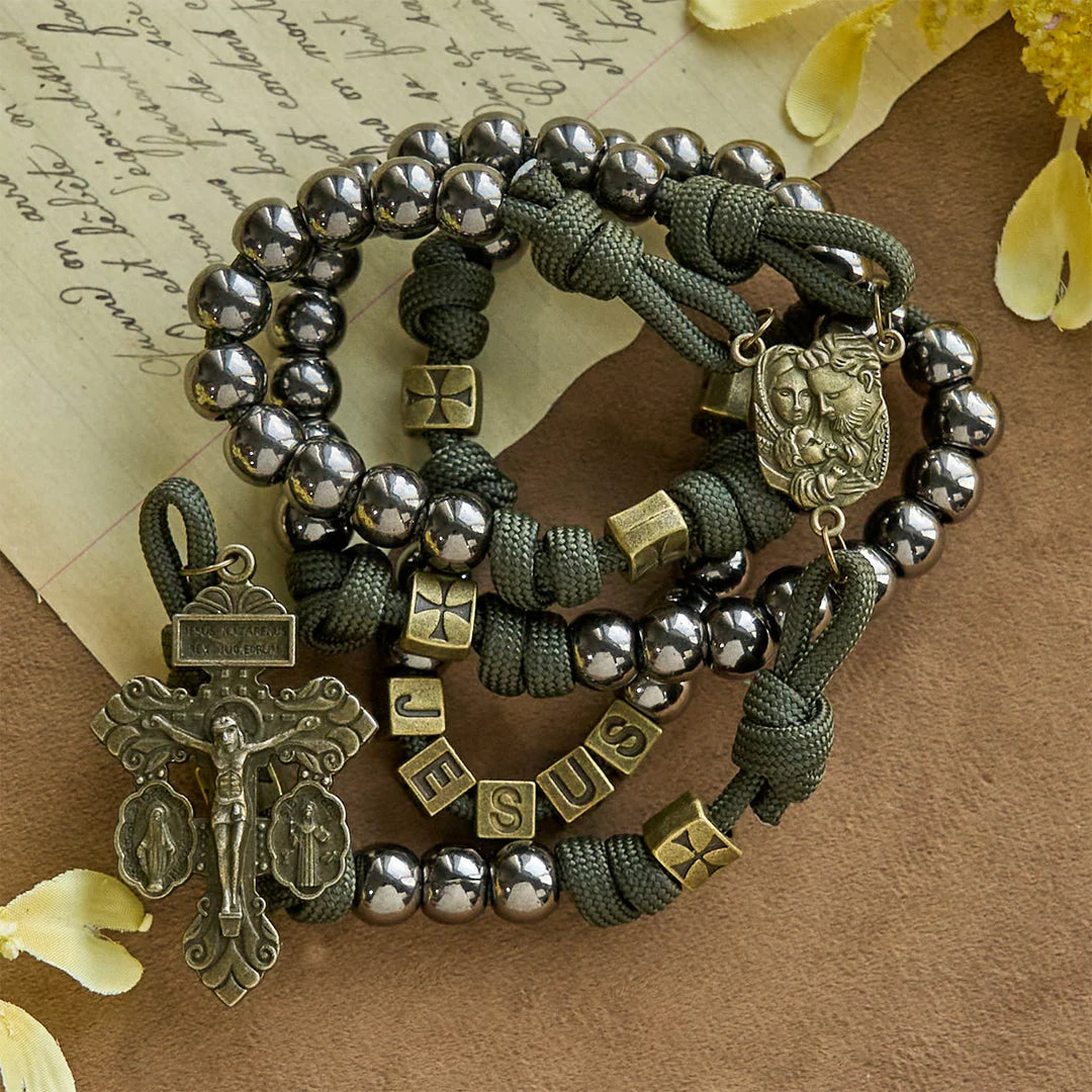 Military - Paracord w stylu wojskowym, niestandardowy różaniec: koraliki w kolorze srebrnym i mosiężny JESUS