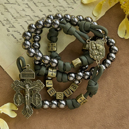 Military - Paracord w stylu wojskowym, niestandardowy różaniec: koraliki w kolorze srebrnym i mosiężny JESUS