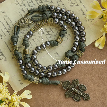 Military - Paracord w stylu wojskowym, niestandardowy różaniec: koraliki w kolorze srebrnym i mosiężny JESUS