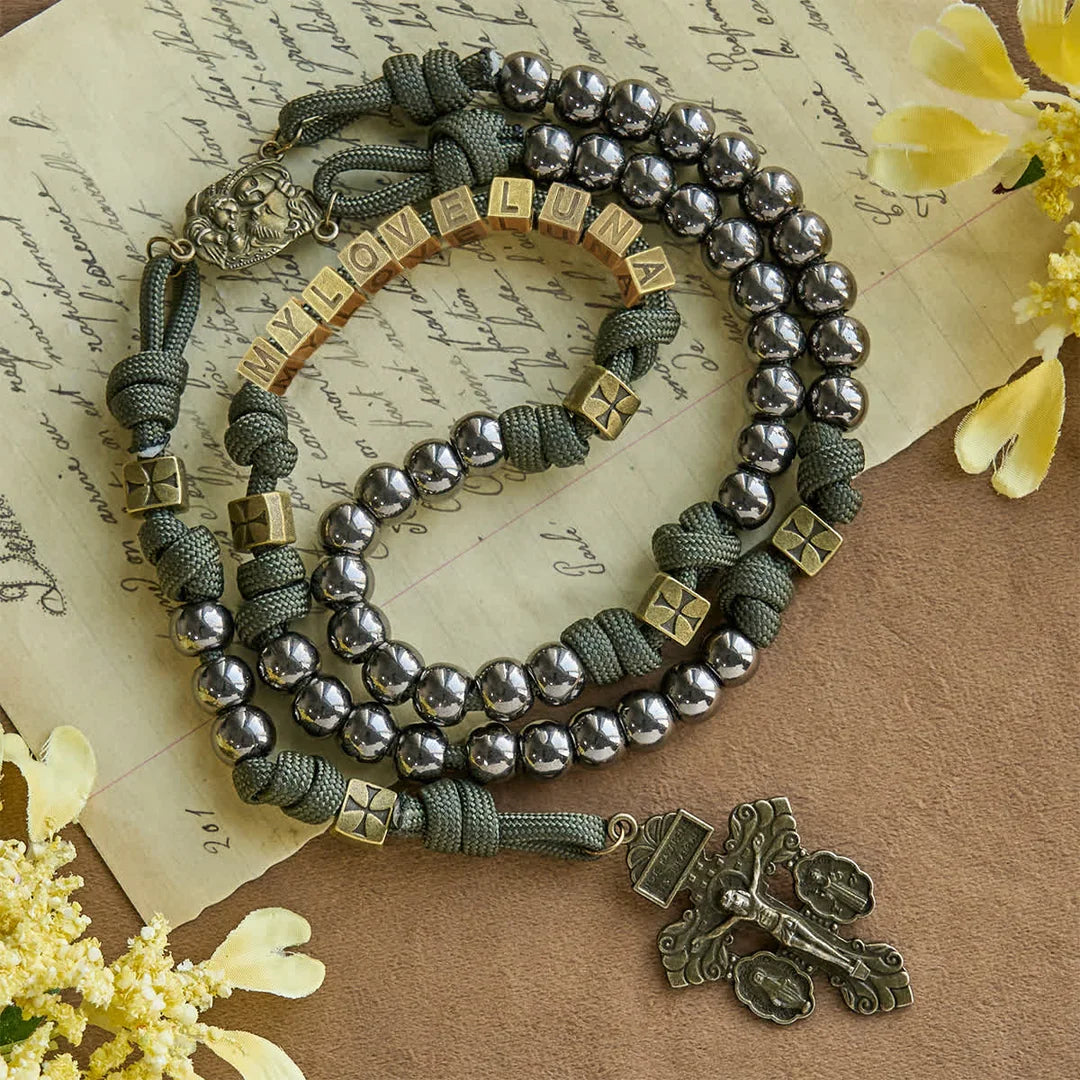 Military - Paracord w stylu wojskowym, niestandardowy różaniec: koraliki w kolorze srebrnym i mosiężny JESUS