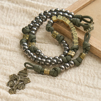 Military - Paracord w stylu wojskowym, niestandardowy różaniec: koraliki w kolorze srebrnym i mosiężny JESUS