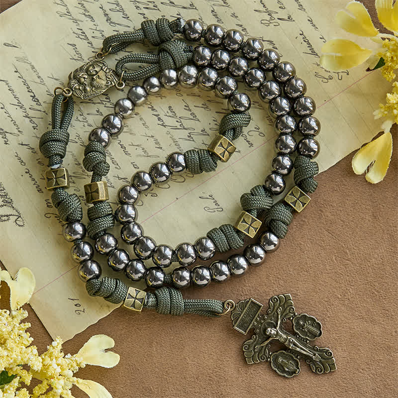 Military - Paracord w stylu wojskowym, niestandardowy różaniec: koraliki w kolorze srebrnym i mosiężny JESUS