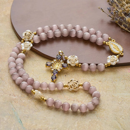 Różaniec Cat's Eye & Rose w kolorze lawendowym i różowym: centralna ozdoba Matki Boskiej do łagodnej modlitwy