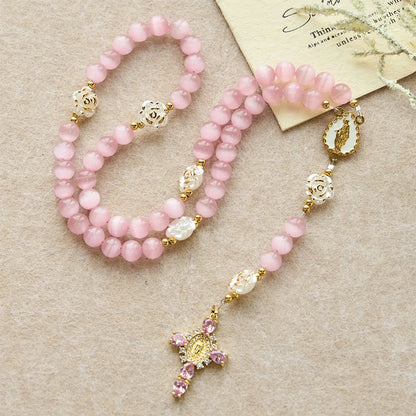 Różaniec Cat's Eye & Rose w kolorze lawendowym i różowym: centralna ozdoba Matki Boskiej do łagodnej modlitwy