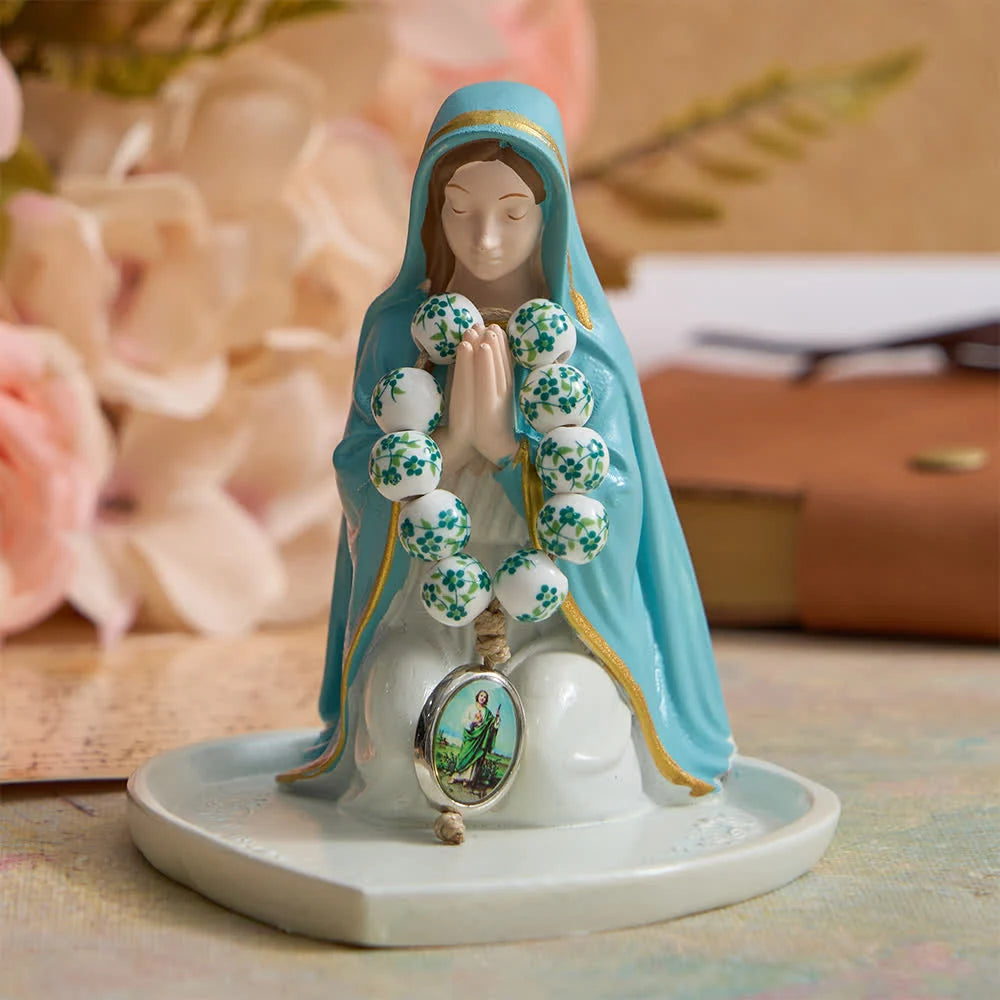 Zielony ceramiczny różaniec na palec z kwiatowym wzorem i medalionem św. Judy