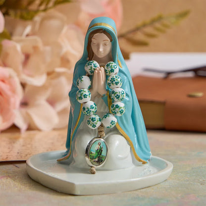 Zielony ceramiczny różaniec na palec z kwiatowym wzorem i medalionem św. Judy