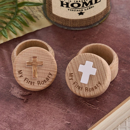 Mój pierwszy różaniec Drewniane pudełko na pamiątki z krzyżem: symbolem świętych początków