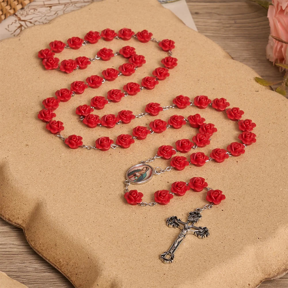 Elegancki czerwony koralik z różą w kształcie kwiatu Matki Boskiej, emaliowany medalion z krucyfiksem