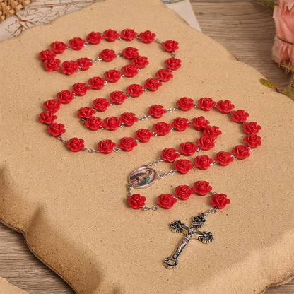 Elegancki czerwony koralik z różą w kształcie kwiatu Matki Boskiej, emaliowany medalion z krucyfiksem