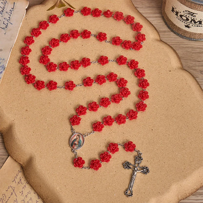 Elegancki czerwony koralik z różą w kształcie kwiatu Matki Boskiej, emaliowany medalion z krucyfiksem