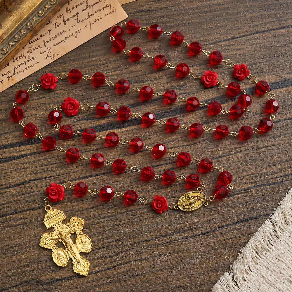 Różaniec Matki Boskiej z czerwonego szkła Crimson Rose & Red: Święta elegancja w stylu vintage