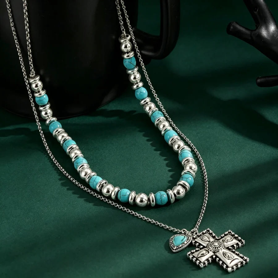 Boho wielowarstwowy naszyjnik z koralików w stylu vintage z krzyżem: symbol ziemskiego, niebiańskiego spokoju