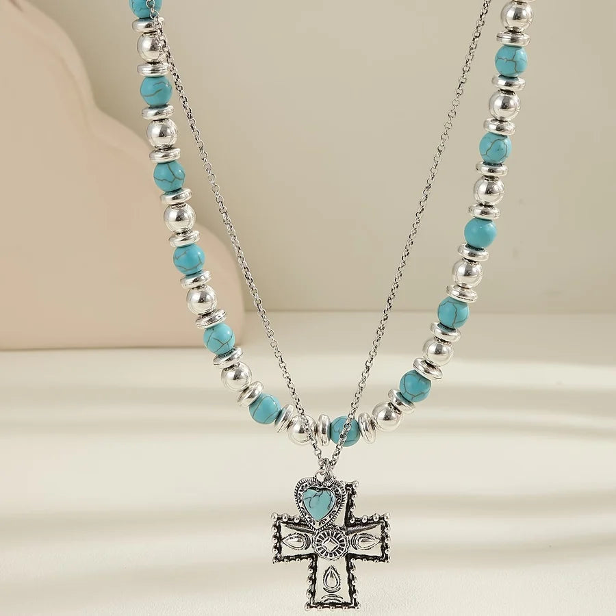Boho wielowarstwowy naszyjnik z koralików w stylu vintage z krzyżem: symbol ziemskiego, niebiańskiego spokoju