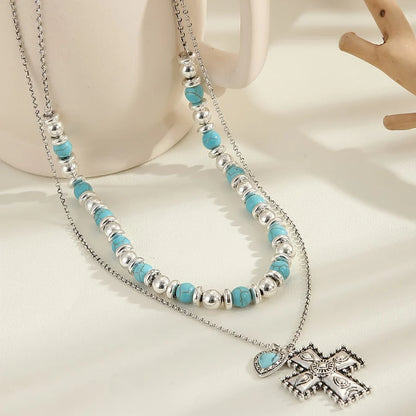 Boho wielowarstwowy naszyjnik z koralików w stylu vintage z krzyżem: symbol ziemskiego, niebiańskiego spokoju