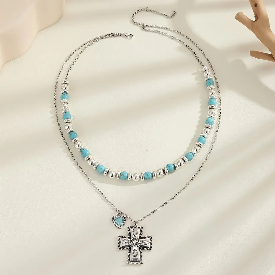Boho wielowarstwowy naszyjnik z koralików w stylu vintage z krzyżem: symbol ziemskiego, niebiańskiego spokoju