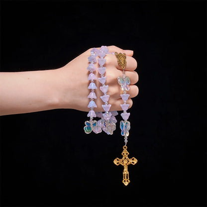 Gradient Iridescent Lily of the Valley Glass Rosary With Butterfly Charms: Emblem of Gentle Heavenly Blessings