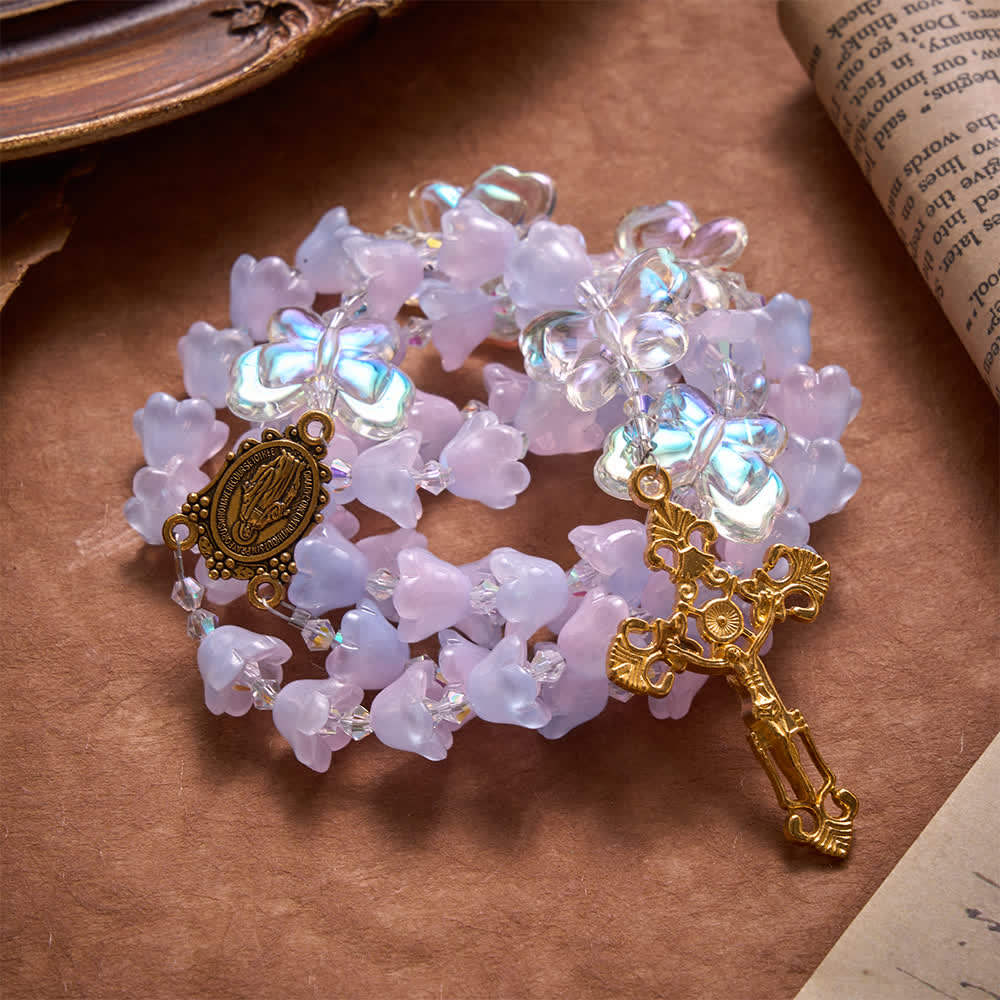 Gradient Iridescent Lily of the Valley Glass Rosary With Butterfly Charms: Emblem of Gentle Heavenly Blessings
