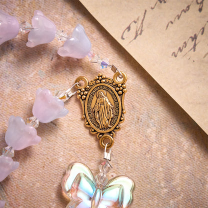 Gradient Iridescent Lily of the Valley Glass Rosary With Butterfly Charms: Emblem of Gentle Heavenly Blessings