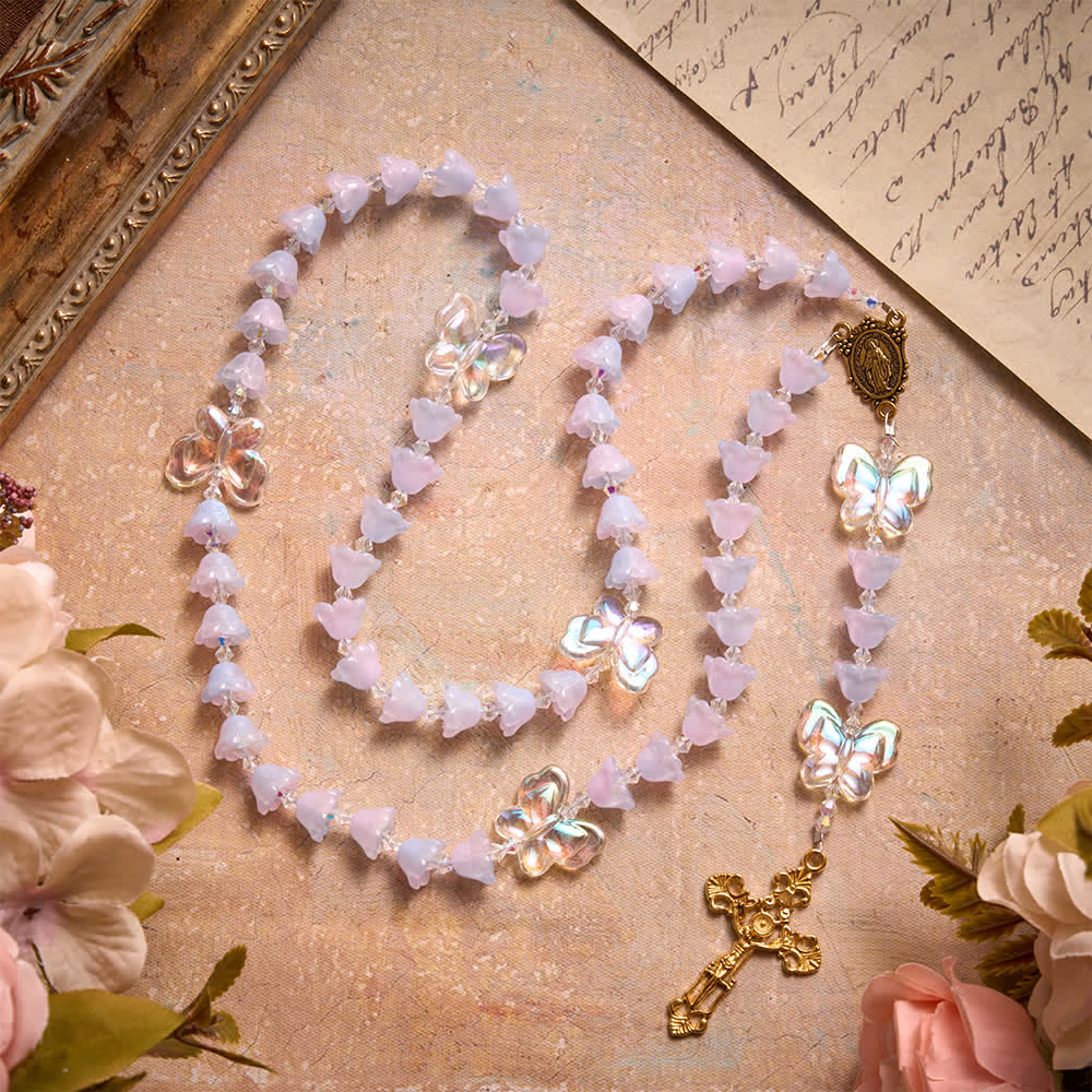 Gradient Iridescent Lily of the Valley Glass Rosary With Butterfly Charms: Emblem of Gentle Heavenly Blessings