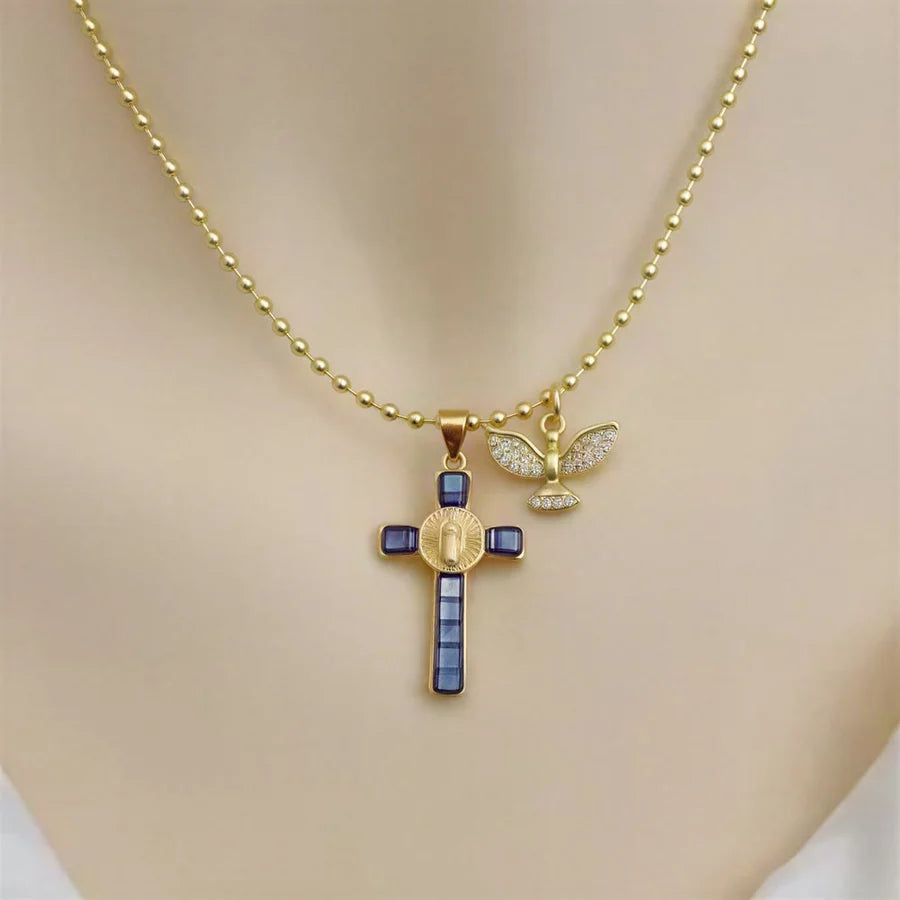 Naszyjnik z intarsjowanym krzyżem w pastelowych kolorach Ducha Świętego z symbolem niebiańskiej ochrony