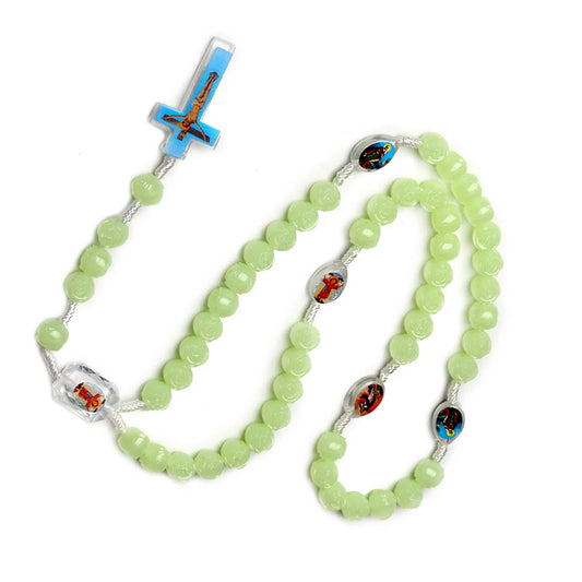 Krucyfiks 10 mm Różaniec z żywicy świecącej w kolorze zielonym, z nylonowego sznurka
